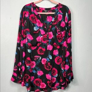 Torrid Harper Black & Pink Allover Rose Floral Print Popover Blouse 5X